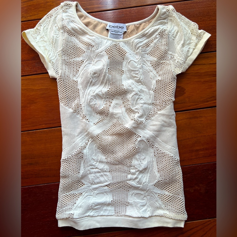 Bebe Petite Small Ivory & Nude Mesh Bodycon Top Like New